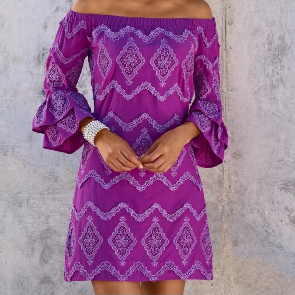 NWT Boston Proper Metallic Lace Off
Shoulder Shift Dress Purple Generous XXS